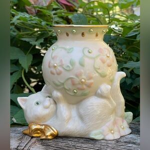 Lenox Petals And Pearls Cat Kitten Bud Vase Planter Porcelain Figurine Decor